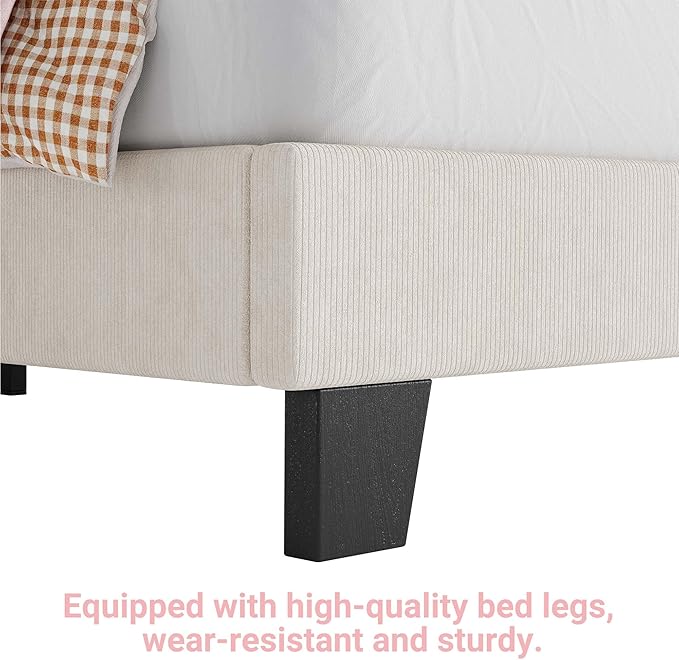 Twin Size Bed Frame, Corduroy Upholstered Platform Bed Frame with Adjustable Headboard, Mattress Foundation, Wooden Slats Support, No Box Spring Needed, Easy Assembly, Beige