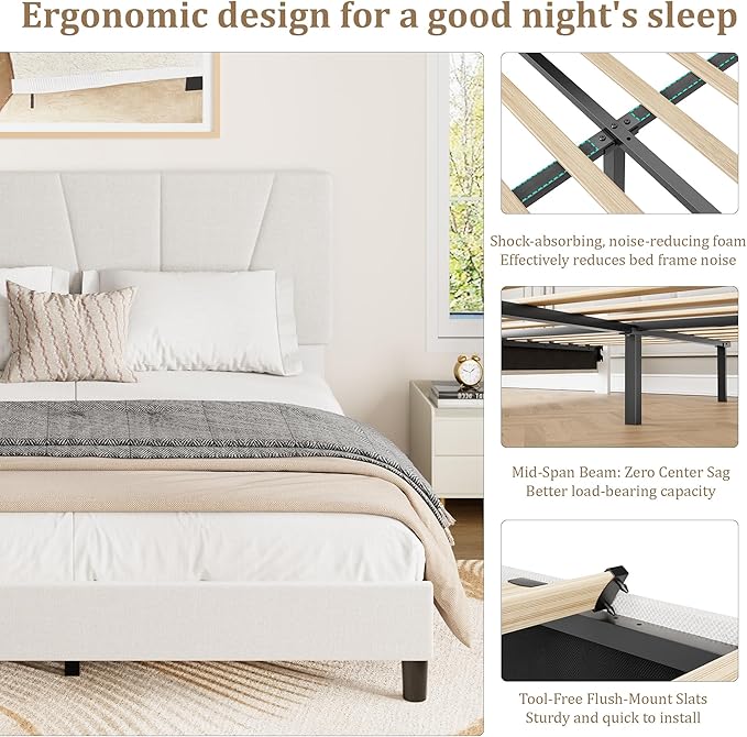 Full Size Upholstered Platform Bed Frame with Adjustable Headboard, Fits 8-14 Inch Mattress, Heavy Duty Bed Frame with Wooden Slats Support, Noise-Free, Non-slip, No Box Spring Needed, Easy Assembly