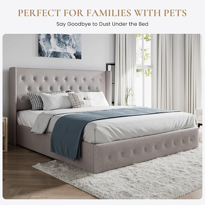 SHA CERLIN Full Size Lift Up Storage Bed Frame,Button Tufted Wingback Headboard,Upholstered Platform,Hydraulic Storage,Wooden Slat Support,No Box Spring,Light Beige