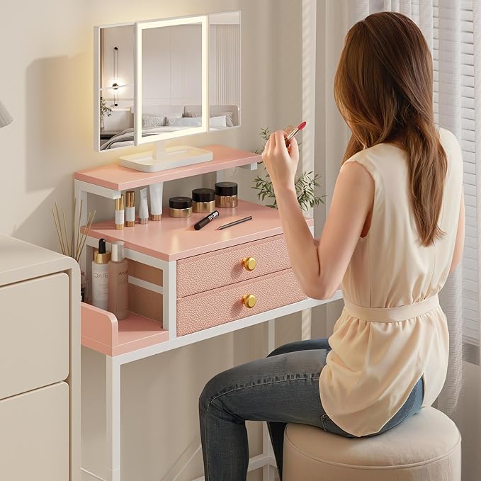 HIGDBFE Vanity Desk with Mirror and Lights, 28.4''W Small Makeup Vanity Table with Height-Adjustable Stand, 2 Fabric Drawers Compact Makeup Desk, Gift for Girls, Bedroom Small Space, Pink