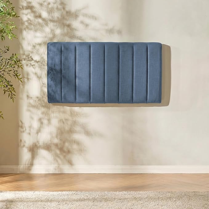 Hearth & Harbor Upholstered Twin Headboard - Easy Assemble Channel Stitched Headboard Twin Size - Wall Mounted Headboards with 3D Soundproof Wall Panels Peel & Stick Floating Headboards, Slate Blue