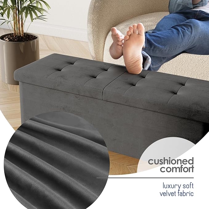 Storage Ottoman Bench with Bins, 43-in Storage Bench for Bedroom End of Bed, Folding Foot Rest Ottoman for Living Room Max 660lbs, Velvet Ottomans, Grey