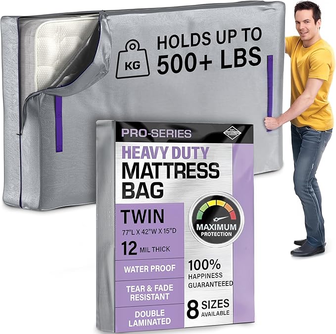 Twin Mattress Bags For Moving - Heavy Duty 10 Mil Thick Zippered Mattress Cover For Moving w 8 Carrying Handles - Moving Mattress Protector Bag - Waterproof Plastic Mattress Storage Bag (Twin Size)