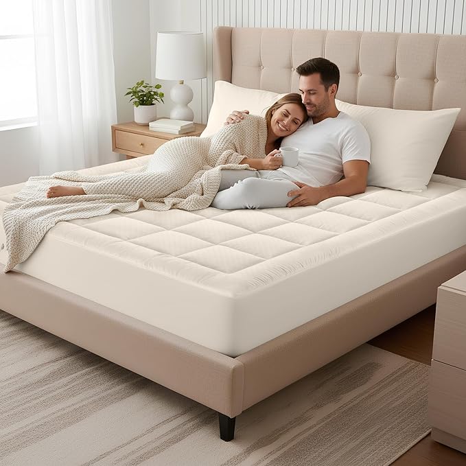 OLANLY Queen Quilted Fitted Mattress Pad, Elastic Fitted Mattress Topper, Cooling Soft Mattress Cover Stretches up to 21 Inches Deep, Machine Washable Mattress Protector (60x80 inch, Ivory White)