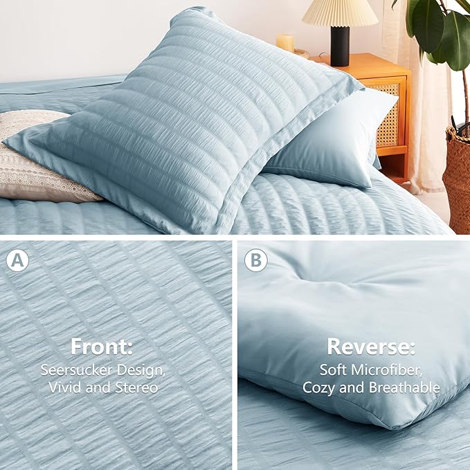 CozyLux Twin XL Comforter Set with Sheets Seersucker Light Blue 5 Pieces Bed in a Bag, Twin Extra Long Luxury Bedding Sets for College Dorm with Down Alternative Comforter, Sheets, Pillowcase & Sham