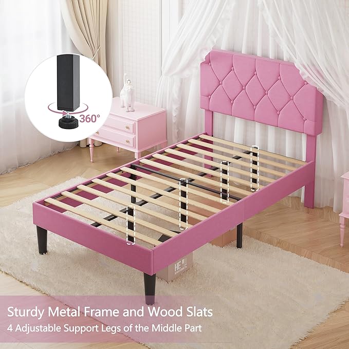 VECELO Twin Size Bed Frame with Button Tufted Headboard, Upholstered Platform Bedframe with Wood Slat Support, No Box Spring Needed, Linen Pink