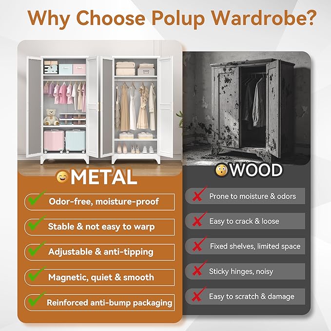 Polup Metal Armoire Wardrobe Closet with Mirror, 71" Tall Steel Clothing Storage Cabinet with 2 Doors, Hanging Rod and Adjustable Shelves, Freestanding Clothes Organizer for Bedroom, Office, White