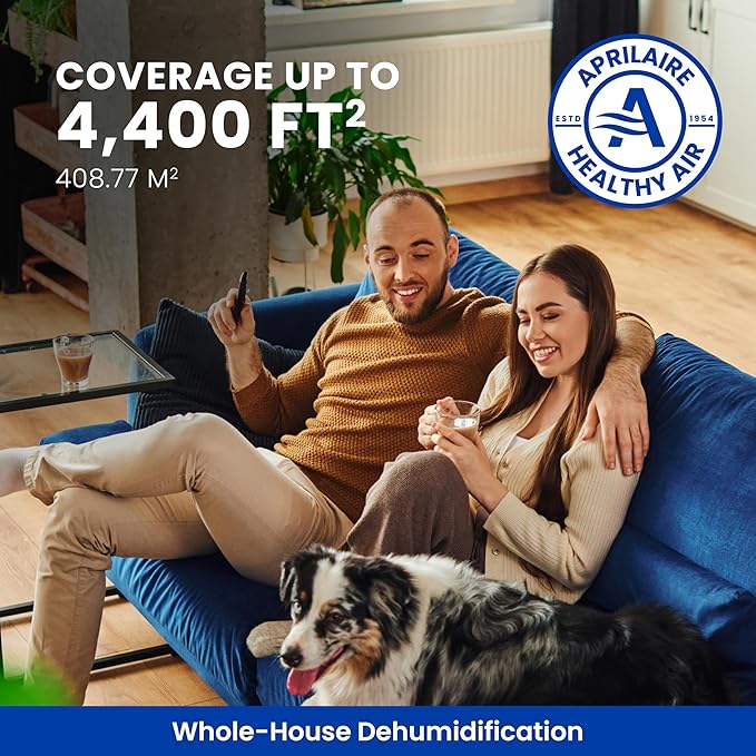AprilAire E080W Smart Wi-Fi Whole-House Dehumidifier, 80-Pint Energy Star Commercial Dehumidifier for Basement, Crawl Space & Home up to 4,400 Sq.Ft. with Pump, Drain Hose, Hanging Kit, MERV 11 Filter