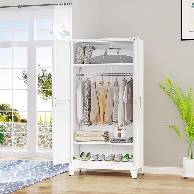 Metal Armoire Wardrobe Closet with Hanging Rod, Clothing Storage Cabinet with Adjustable Shelves for Laundry Room, Bedroom, Home Office, Bathroom, 71" White