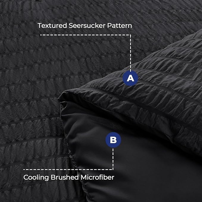 HYMOKEGE Black Duvet Cover Queen Size, Ultra Soft 3-Piece Seersucker Duvet Cover Set with Zipper Closure, Soft Brushed Microfiber Bedding Set with 8 Corner Ties (90"x90", 2 Pillowshams)