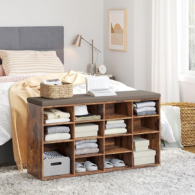 DINZI LVJ Shoe Storage Bench with Cushion, 14-Cubby Shoe Rack, Adjustable Shelves, Multifunctional Shoe Organizer Bench for Entryway, Mudroom, Hallway, Living Room, Bedroom and Garage, Rustic Brown