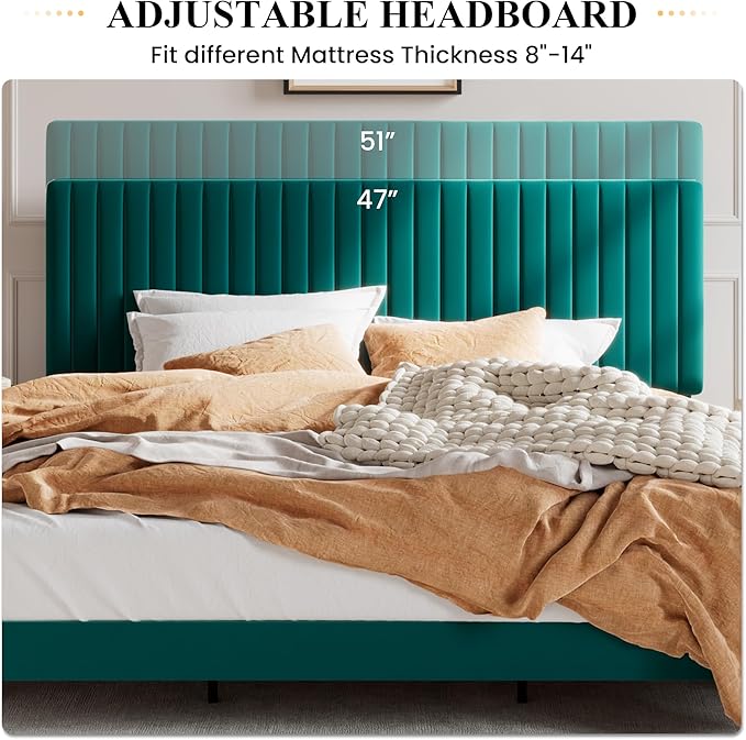 SHA CERLIN King Upholstered Platform Bed Frame with Vertical Channel Tufted Velvet Fabric Adjustable Headboard, Wooden Slats Support, Mattress Foundation, Box Spring Optional, Teal