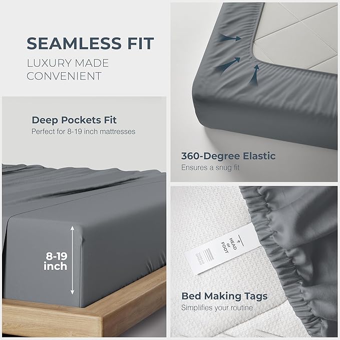 THREAD SPREAD 100% Egyptian Cotton Sheets Bed Set - 1500 Luxury High Thread Count Bed Sheets, Soft, Cooling, Sateen Weave, 17" Deep Pocket Bedsheet - 4 PC, California King Dark Grey
