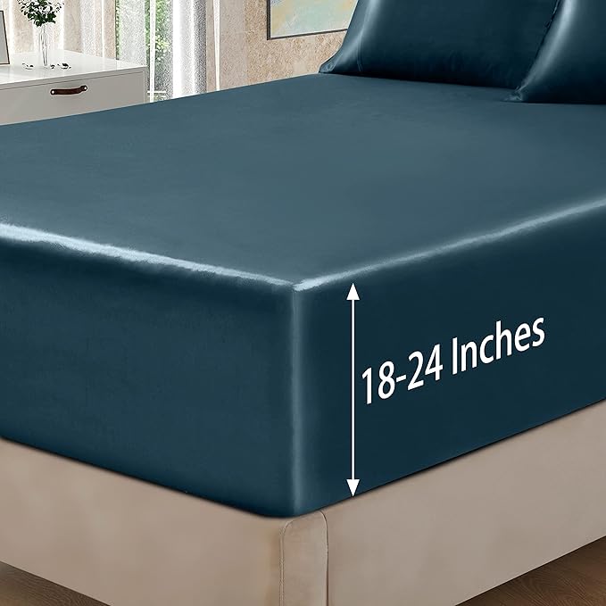 Homiest 4pcs Extra Deep Pocket Satin Sheets Full Size Bed Set, 18-24 Inch Deep Pocket Bed Sheets Deep Sea Blue Satin Sheet Set, Silky Satin Bedding Set Soft Fitted Sheet Set Fits Ultra Deep Mattress