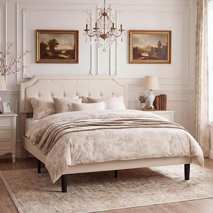 VECELO Queen Upholstered Platform Bed Frame with Adjustable Button Stitched Panel Headboard,Strong Wood Slat Support,Velcro Design,Mattress Foundation/Easy Assembly,Beige