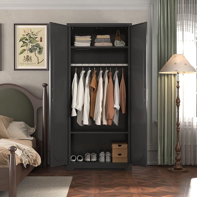 Metal Wardrobe Cabinets，Armoire Wardrobe Closet with Hanging Rod,Clothes Storage Cabinet with Adjustable Shelves and Doors, Clothing Cabinet for Bedroom, Office, Laundry Room