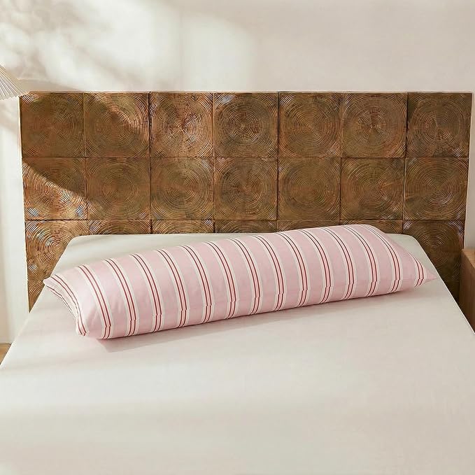Merryword Body Pillow Cover 20x54inches, 100% Cotton Pillow Case, Pink Striped Pillowcase, Soft Breathable Ribbon Stripes Long Pillowcase, 1-Piece