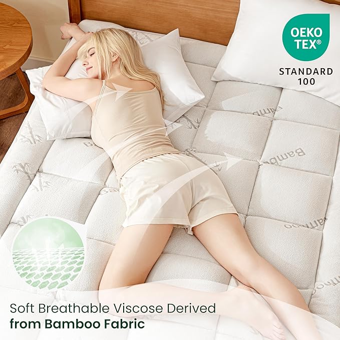 Love's cabin Queen Mattress Topper Viscose Derived from Bamboo, Thick Pillow Top Mattress Pad with Stretchable Pockets for 8"-20" Mattress, Soft Breathable Cooling Mattress Topper for Hot Sleepers