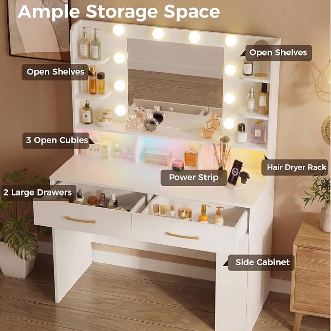 LUCKRACER Vanity Desk with LED Lights Mirror & Charging Station, Makeup Vanity with Storage Drawers and Shelves, Modern Dressing Table for Women Girls Bedroom, Ivory White