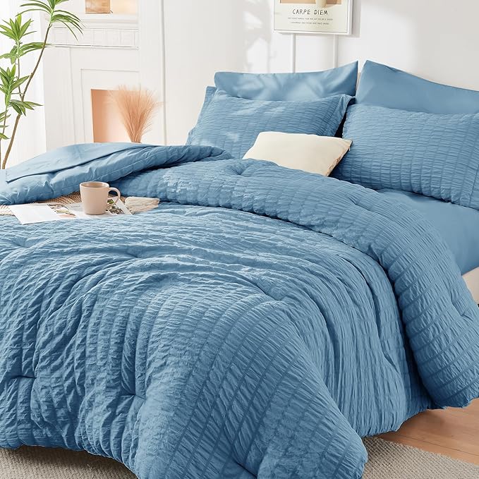 HYMOKEGE Mineral Blue Twin XL Comforter Set Seersucker 5 Pieces, All Season Luxury Bed in a Bag for Bedroom, Bedding Set with Comforter, Sheets, Pillowcase & Sham