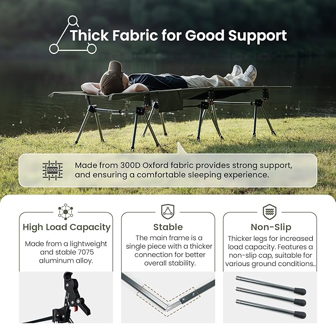 ONETIGRIS SUPRANUBIS Camping Cot, Height Adjustable with Cot Leg Extenders, Strong Support 330lbs, Lightweight Comfortable Folding Bed for Camping, Hiking, Travel, Truck, Beach, Office Nap
