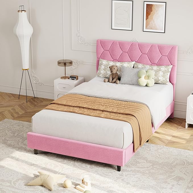 GarveeHome Pink Twin XL Bed Frame with Upholstered Headboard, Heavy-Duty Platform Bed Frame with Adjustable Headboard, Strong Wood Slat Support/No Box Spring Needed/Noise Free