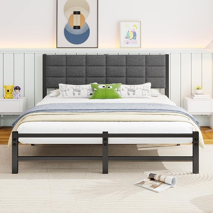 Queen Bed Frame with Headboard - Sturdy Metal Platform Bed Frames Queen Size with Storage Space Under Frame,No Box Spring Needed,Strong Steel Slats Support,Grey