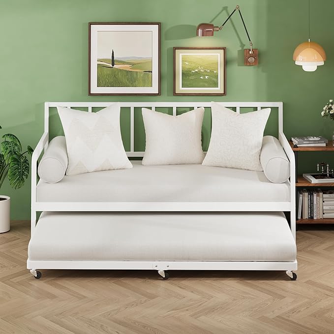 Lutown-Teen Twin Trundle Bed Frame with Metal Slats, Roll-Out Design, Easy Assembly Steel Frame with Lockable Wheels, Noiseless Pull Out Bed for Bedroom, Living Room or Guest Room, White