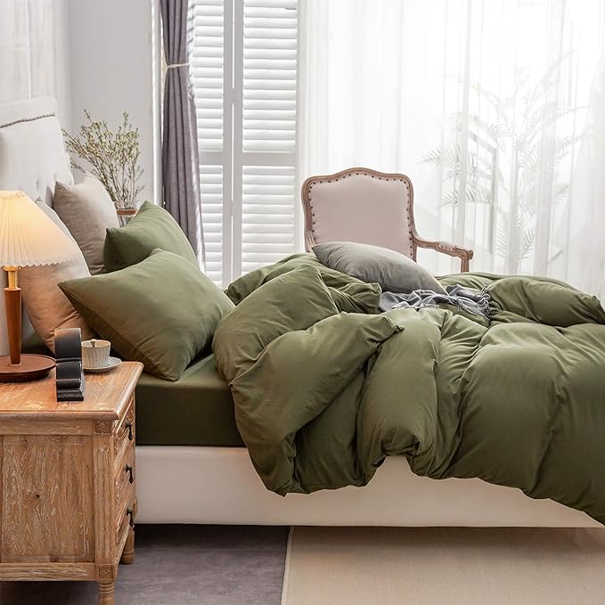 PURE ERA Jersey Knit Duvet Cover Set 100% T-Shirt Cotton Super Soft Comfy 3pc Bedding Set with Zipper Closure (Solid Olive Green, Full)