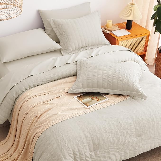 CozyLux King Size Comforter Set Oatmeal Seersucker 7 Pieces Bed in a Bag King Comforter Set with Sheets, Luxury Bedding Sets with Down Alternative Comforter, Sheets, Pillowcases & Shams All Seasons