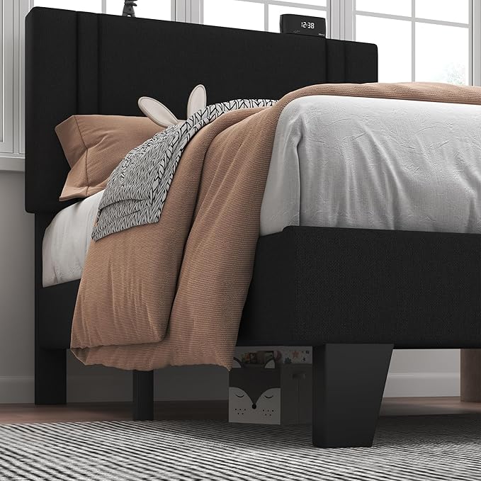 Feonase Twin Platform Bed Frame, Velvet Upholstered Twin Bed Frame, Solid Wood Slats & Heavy Duty Feet Support, No Box Spring Needed, Noise-Free, Easy Assembly, Black