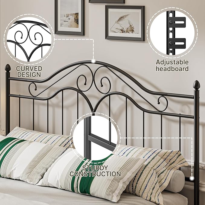 Elephance Headboard for King Size Bed Frame, Vintage Platform Bed Metal Headboard Only, Height Adjustable, Sturdy and Stable, King Size, Easy Assembly, Black