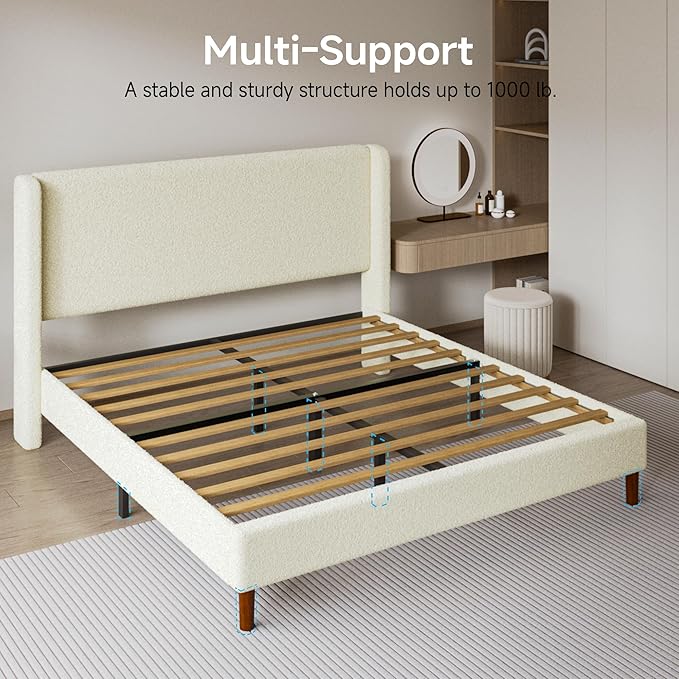 King Boucle Bed Frame, Platform Bed with Upholstered Wingback Headboard, Strong Wooden Slats Support, Noise-Free, No Box Spring Needed, Easy Assembly, Beige