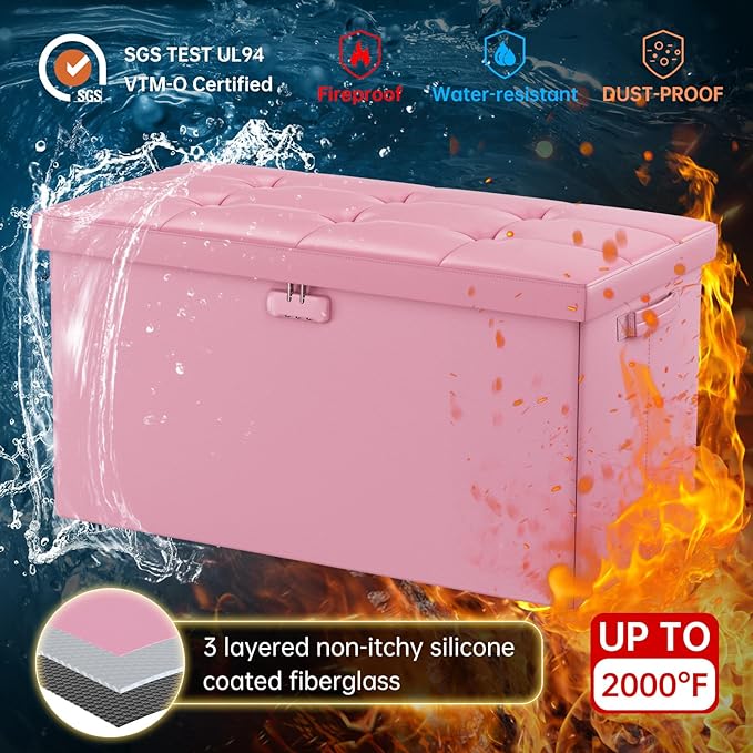 ENGPOW Storage Ottoman Bench,Fireproof Folding Bench with Lock,30 Inches Fire＆Water Resistant Storage Chest Foot Rest Stool Leather Bedroom Ottoman Safe for Documents,Valuables, Pink