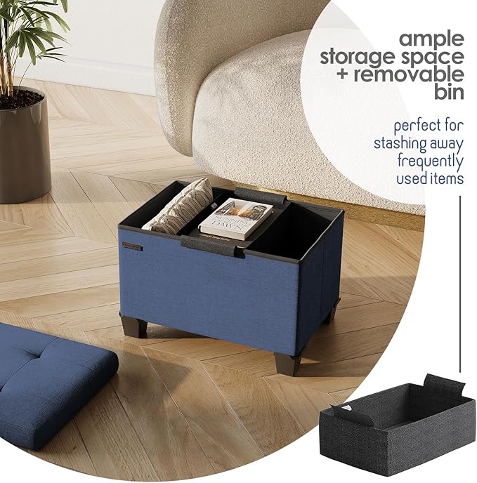 Storage Ottoman Cube with Small Bin, 16-in Square Ottoman with Storage for Living Room and Bedroom, Small Ottomans Foot Rest, Fabric Foot Stools Ottomans Max 330lbs, Blue