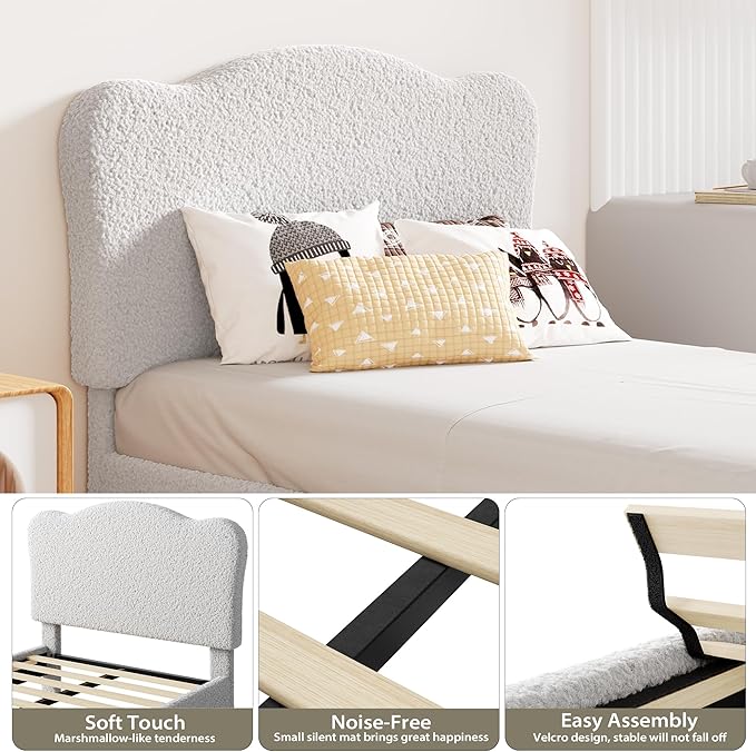 GarveeHome Upholstered Twin Size Bed Frame for Kids with Scallop Headboard, Cute Velvet Twin Bed for Girls, Boys, Sturdy Platform Bed, No Box Spring Needed, Wooden Slats, Noise Free, Light Grey