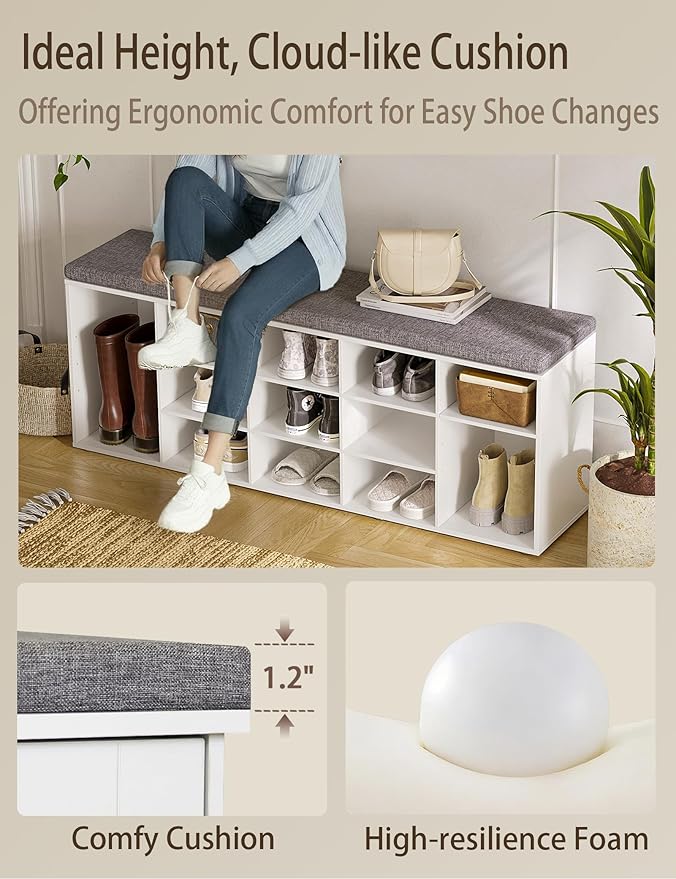 DINZI LVJ Shoe Storage Bench with Cushion, 13-Cubby Shoe Rack, Adjustable Shelves, Multifunctional Shoe Organizer Bench for Entryway, Mudroom, Hallway, Living Room, Bedroom and Garage, White