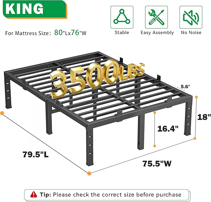 18 Inch King Size Bed Frames, Heavy Duty Metal King Platform 3500 lbs Capacity, No Box Spring Needed, 6 Mattress Slide Stopper, Headboard Holes, Noise-Free, Easy Assembly, Black