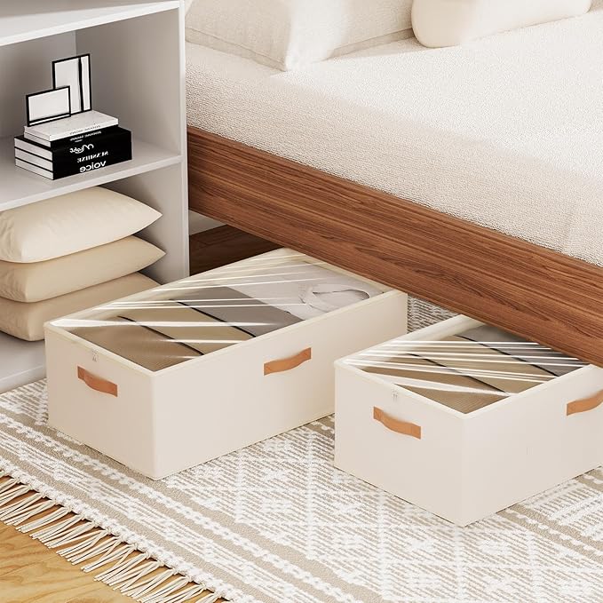 2 Pack Under Bed Storage Containers, 10 Inch Tall Underbed Clothes Storage Organizer Bin with Clear Window，Foldable Box Basket for Clothes, Closet, Bed Sheets and Blankets White