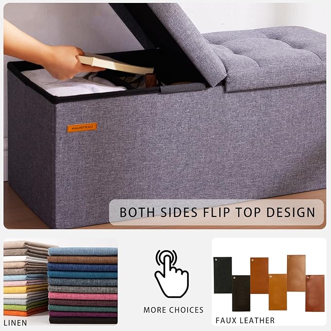 HAUSFRAU 31.5 Inches Ottoman with Storage Bench, Folding Ottoman Bench Small Foot Rest Stool, Bedroom Bench with Flipping Lid, Linen Espresso