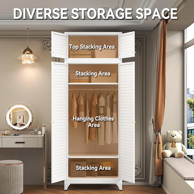 Polup Metal Armoire Wardrobe Closet, 86" Tall Wardrobe Armoire with Hanging Rod, Almirah for Clothes with Doors, 18" D x 32" W x 86" H, White, Assemble Required, Shipped in Two Packages