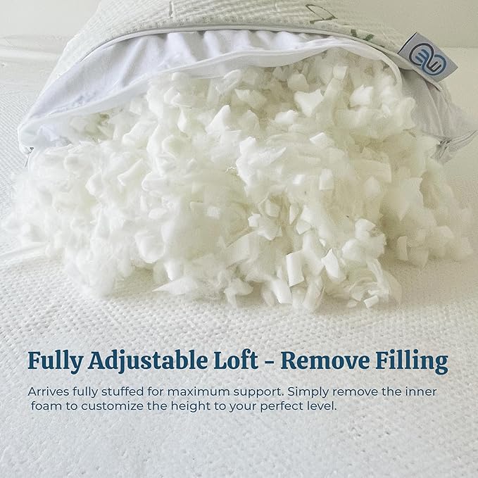 OMEO 2 Pack Standard Size Rayon Derived from Bamboo Pillow for Sleeping Shredded Memory Foam Bed Pillows for Side, Back and Stomach Sleepers, Soft, Cooling, Adjustable and Washable Cover 20" x 26"