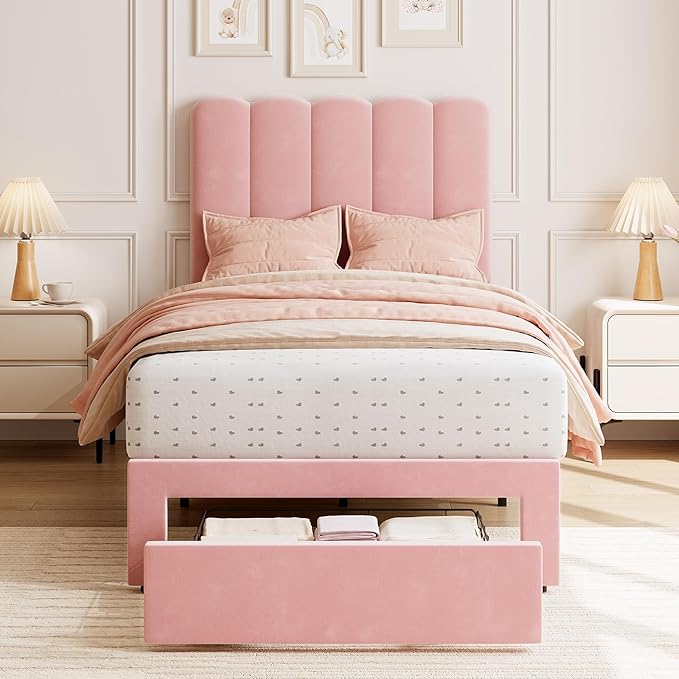GarveeHome Twin Bed Frame with Under-Bed Drawer, Upholstered Platform Bed with Wave Headboard for Kids/Girls, Wooden Slats Support, No Box Spring Needed, Velvet Pink