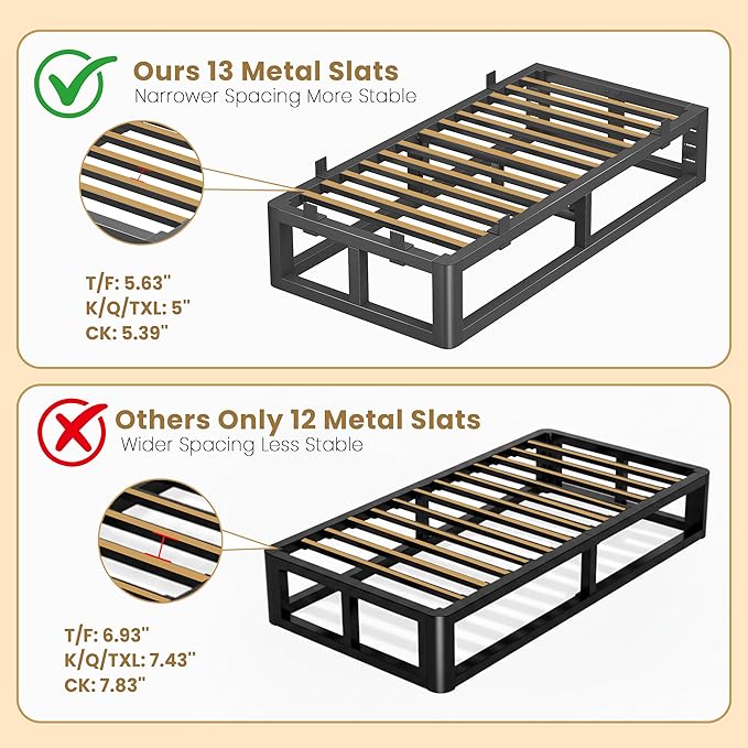 14 Inch Twin Bed Frames with Rounded Corner and Headboard Hole, Metal Platform Bed Frames 6 Non-Slip Guards, 3500lbs Heavy Duty Steel Slat Support, Squeak Free, No Box Spring Needed, Black