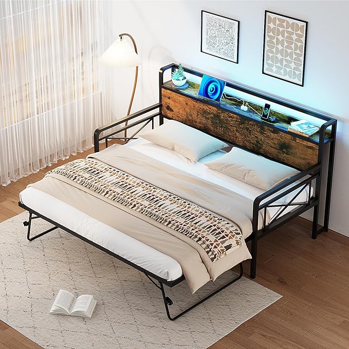 VINGLI Daybed with Trundle Twin, Metal Daybed Frame with Pop-up Trundle Bed and Charging Station,Day Bed with Wooden Storage Headboard & LED Lights, for Kids Room, Living Room, Bedroom, Brown