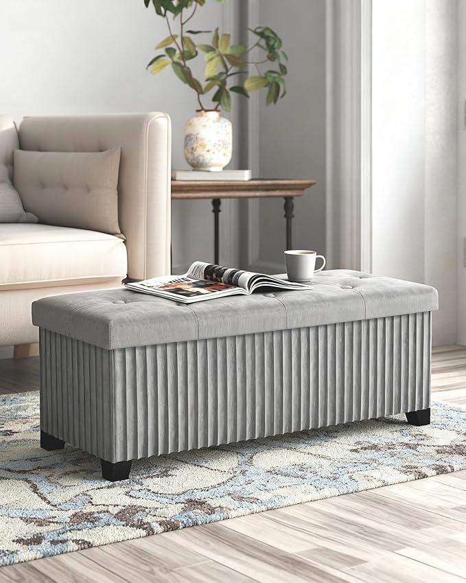 LITZFUR Storage Ottoman Bench, 43 Inch Foldable Ottoman with Legs, Velvet Foot Rest Stool, End of Bed Bench, Storage Chest for Living Room, Bedroom (Grey)