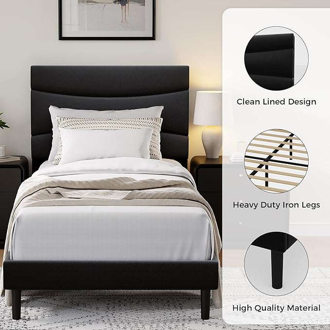 GarveeHome Twin XL Modern Upholstered Bed Frame with Soft Padded Headboard,Sturdy Metal Steel Slat Support, Noise-Free Quiet Design,Easy Assembly,Heavy Duty Stable Bed Frame(Black)