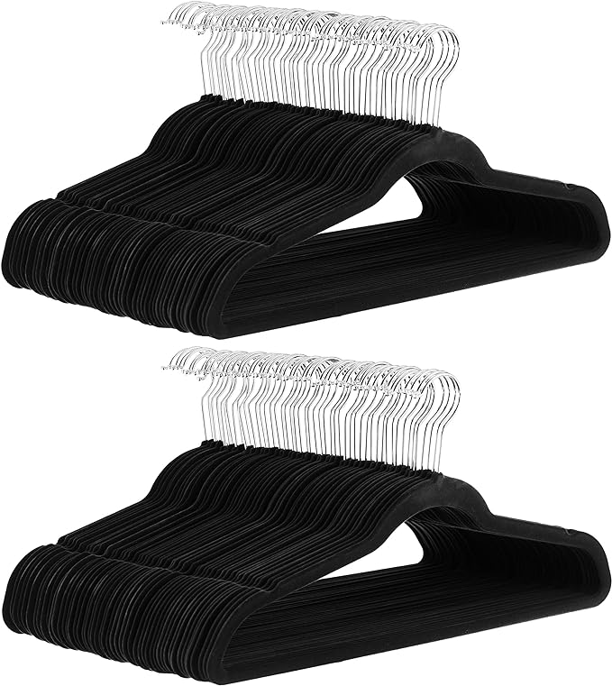 Amazon Basics Slim Velvet Non-Slip Space Saving Suit Clothes Hangers, Closet Organizer, Black/Silver, 100-Pack