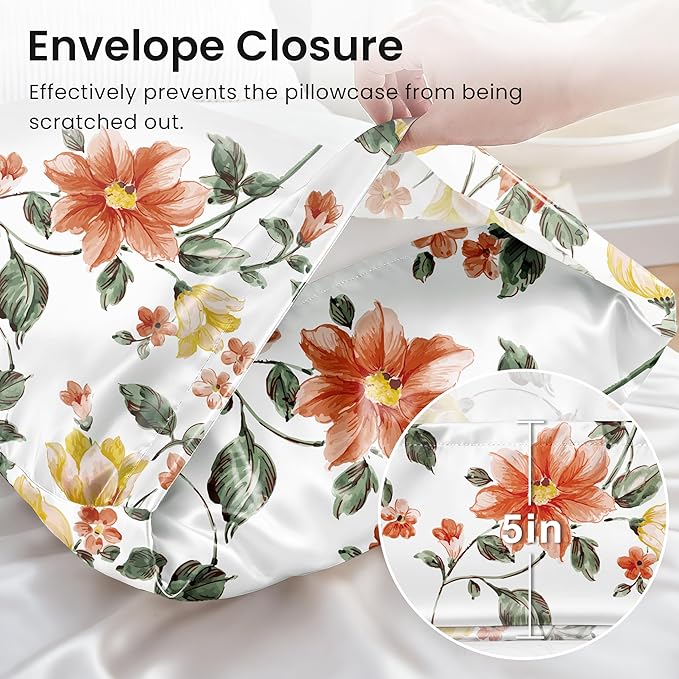 EXQ Home Satin Pillowcase for Hair and Skin Queen - Printed Watercolour Petal Silk Pillow Cases 2 Pack 20x30 inches - Satin Pillow Cases Set of 2 with Envelope Closure, Gifts for Women Men