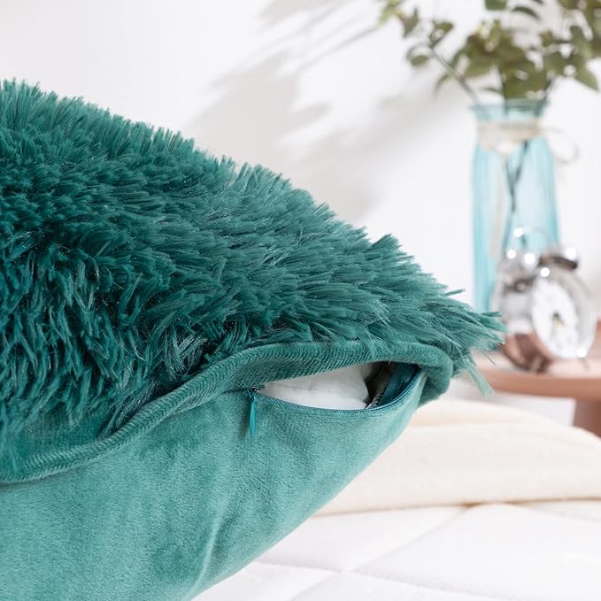 Reafort Luxury Long Hair, PV Fur, Faux Fur Euro Sham Pillow Cover/Case 26"x26" with Zipper Closure (Evergreen, Euro Sham)